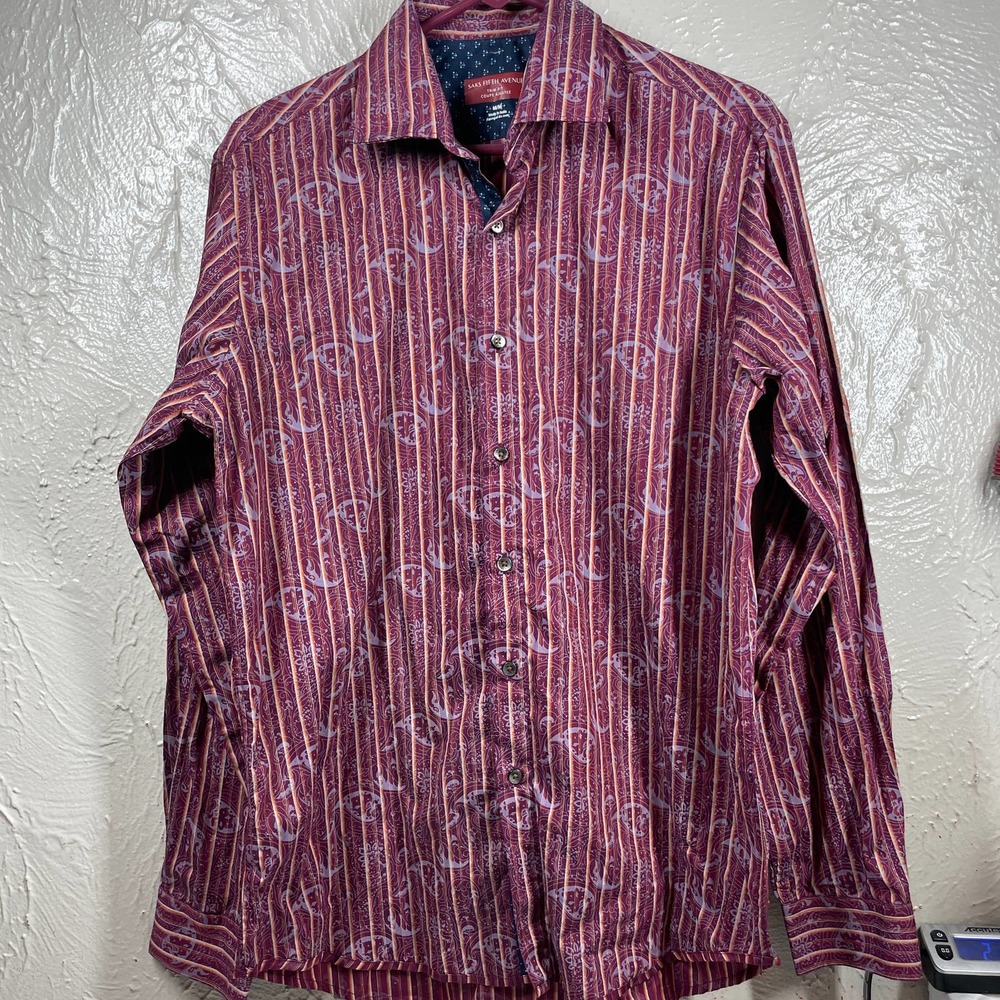Saks Fifth Avenue Purple Long Sleeve Striped Paisley Trim Fit Shirt Mens‎ Medium